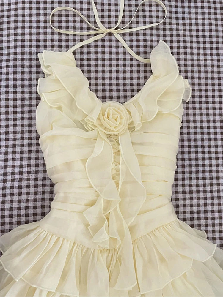 Lunivop  Slim Sweet Ruffles Dress Women Fashion 3D Floral Casual Elegant Mini Dress Summer Sexy Sleeveless Lady Yellow Cake Vestidos