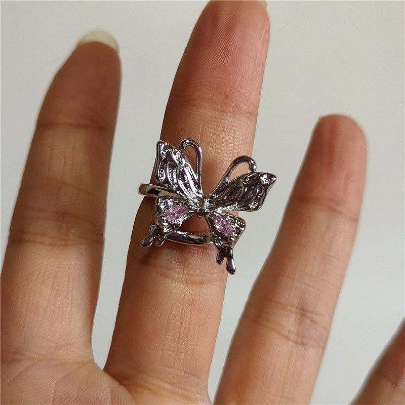 Lunivop Fashion Gothic Bowknot Pink Zircon Rings Y2K Star Crystal Opal Ring Goth Star Butterfly Rings For Women Girl Aesthetic Jewelry