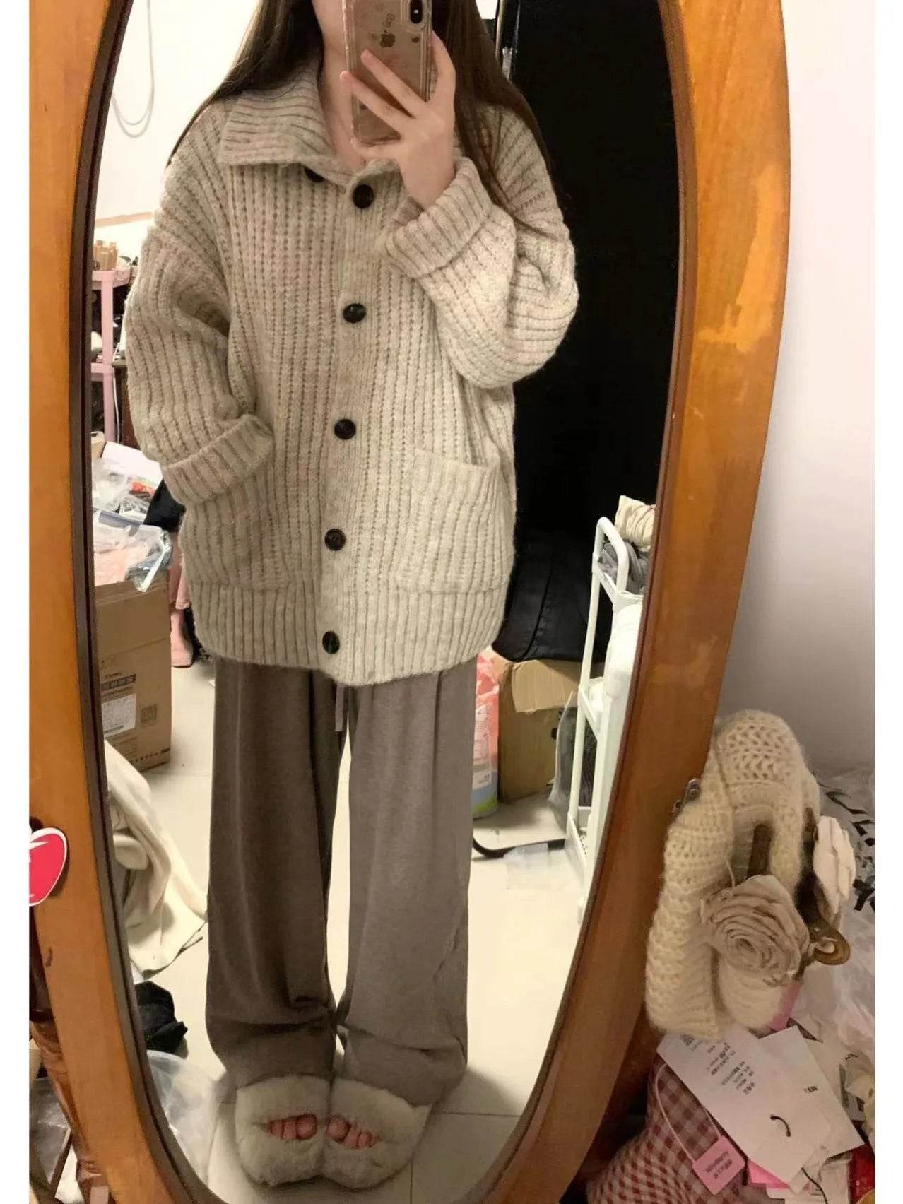 Lunivop Slouchy Knit Cardigan for Women Rib-knit Pockets Front High Neck Button Up Sweater Jacket Coat Female Autumn Winter Basic Outfit