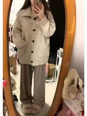 Lunivop Slouchy Knit Cardigan for Women Rib-knit Pockets Front High Neck Button Up Sweater Jacket Coat Female Autumn Winter Basic Outfit