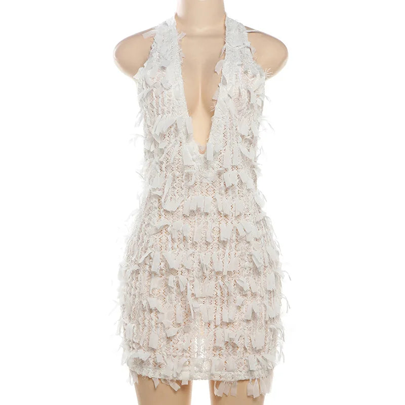 Lunivop Fringed Mesh Lace White Summer Dresses For Women Sexy Deep V Backless Mini Bodycon Dress Club Rave Festival Outfit