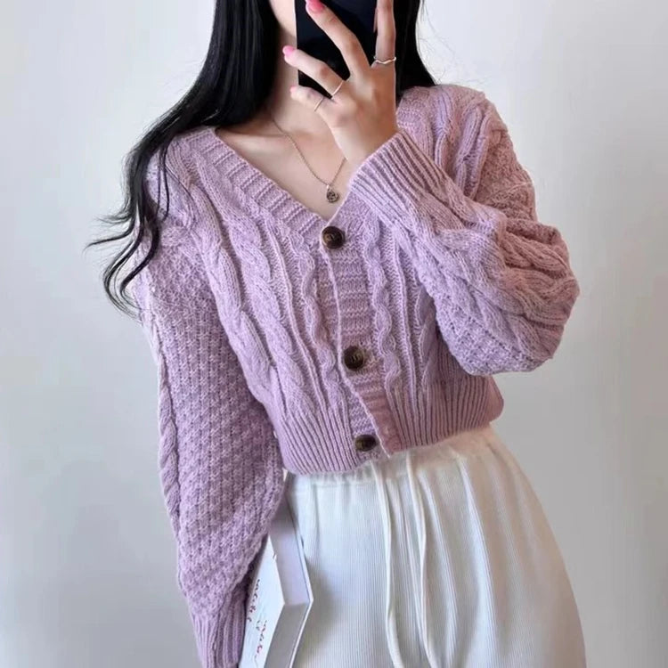 Lunivop Cable Knit Crop Cardigan Sweater for Women Long Sleeve Button-up Boxy-fit Crop Sweater Jacket Teen-girl Fall Winter Y2K Outfit