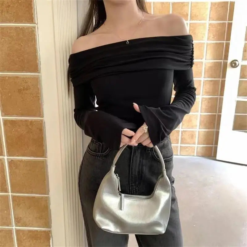 Lunivop Chic Women Sexy Off Shoulder T-shirt Winter Long Sleeve Slim Fit Crop Top Y2K Vintage Harajuku Black Tees Elegant Female Clothes