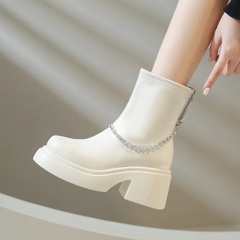 Lunivop Chunky Women Short Boots New Fashion Chain Back Zipper Ankle Boots Platform Shoes Autumn Winter Square High Heel Women's Booties