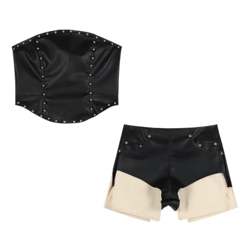 Lunivop Summer New American Off-shoulder Rivets Sexy Leather Camisole Women + High Waist Patchwork Casual Shorts Two-piece Suit