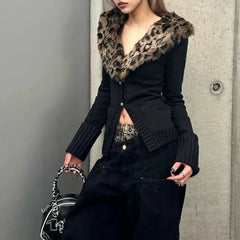 Lunivop Japanese Leopard Knitted Cardigan Sexy Vintage Y2k V-neck Sweaters Long Sleeve Autumn Winter Streetwear Slim Cardigan