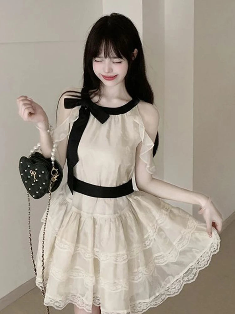 Lunivop Off Shoulder Bow Sweet Dress Women Vintage O Neck Casual Elegant Mini Dress Lace Patchwork Retro Slim Lady Summer Vestidos
