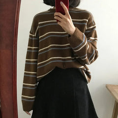 Lunivop Women Pullovers Crew-Neck Knitted Jumper New Student Striped Sweater Aesthetic  Outfit