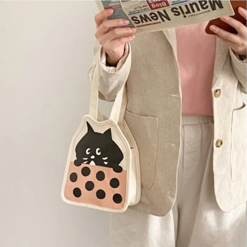 Lunivop Small Handbags for Women Korean Style Cute Cartoon Cat Canvas Bag 2024 Fashion Casual Portability Kawaii Print Bag