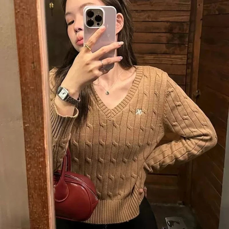 Lunivop Korean Style V Neck Sweaters Women Preppy Style Sweet Knitted Pullover Vintage Elegant Old Money Long Sleeve Crop Tops