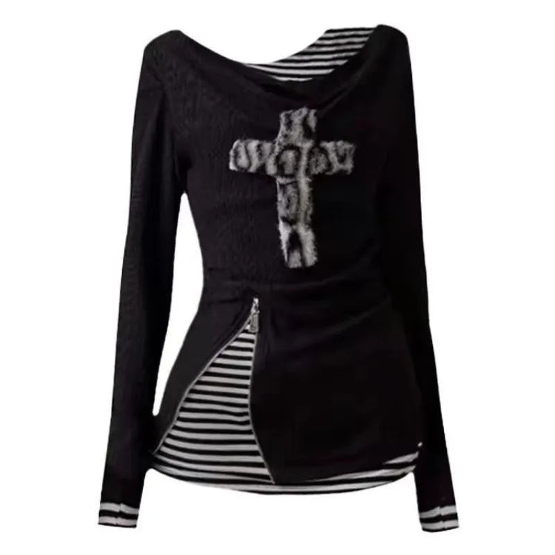 Lunivop Gothic Y2k T-shirts Women Japanese Harajuku Striped Long Sleeve Tops Grunge Vintage Punk Streetwear Fake Two Pieces