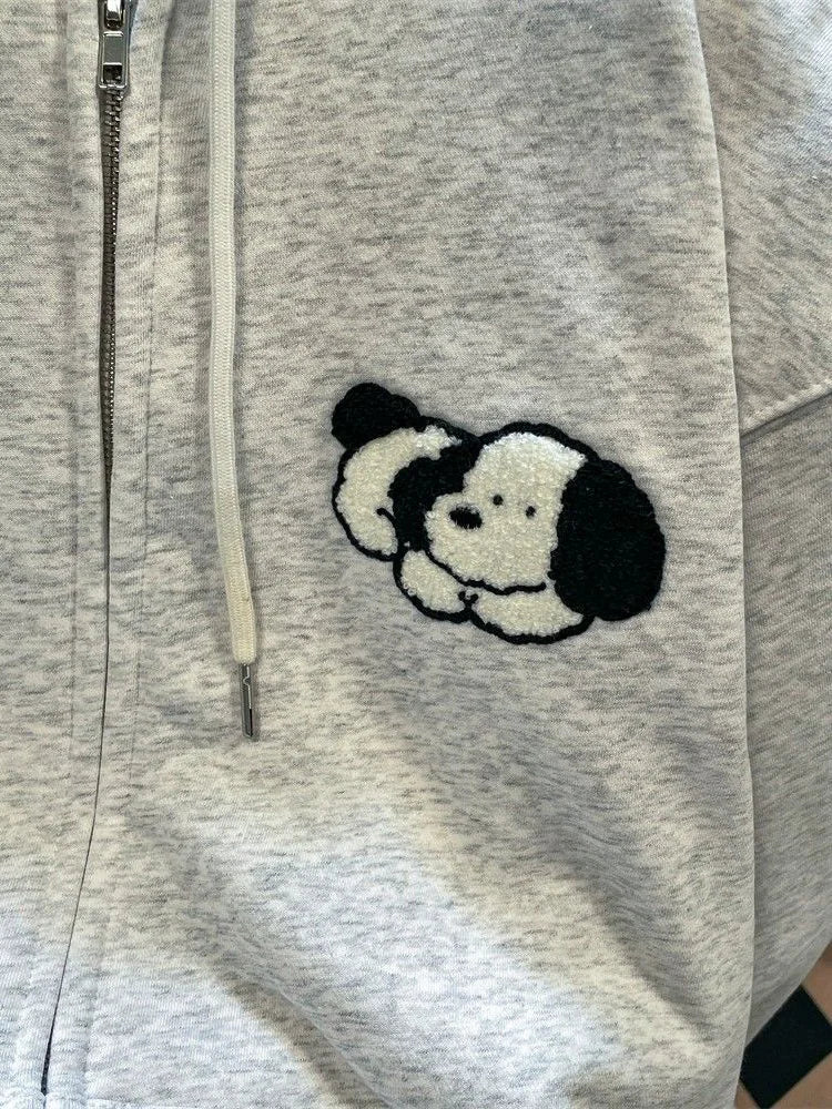 Lunivop Cute Dog Cartoon Gray Hoodies Women Loose Long Sleeve Kawaii Sweatshirts Casual Vintage Preppy Style Fall Female Pockets Tops