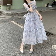 Lunivop  Women's Blue-Gray Floral Print Square Neck Puff Sleeve Smocked Tiered Ruffle Maxi Dress Sheer Chiffon Summer Fairy Casual Dress