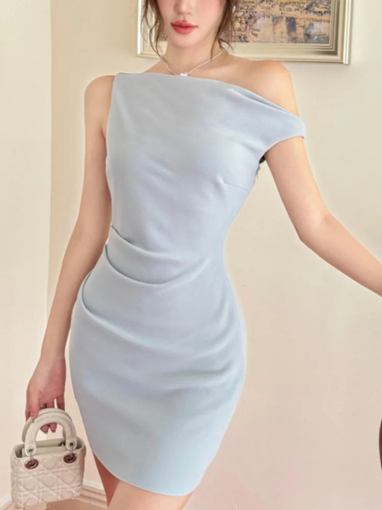 Lunivop  Elegant Solid Bodycon Evening Party Dresses Fashion Diagonal Collar Off Shoulder Prom Vestidos Summer Korean Female Clothing New