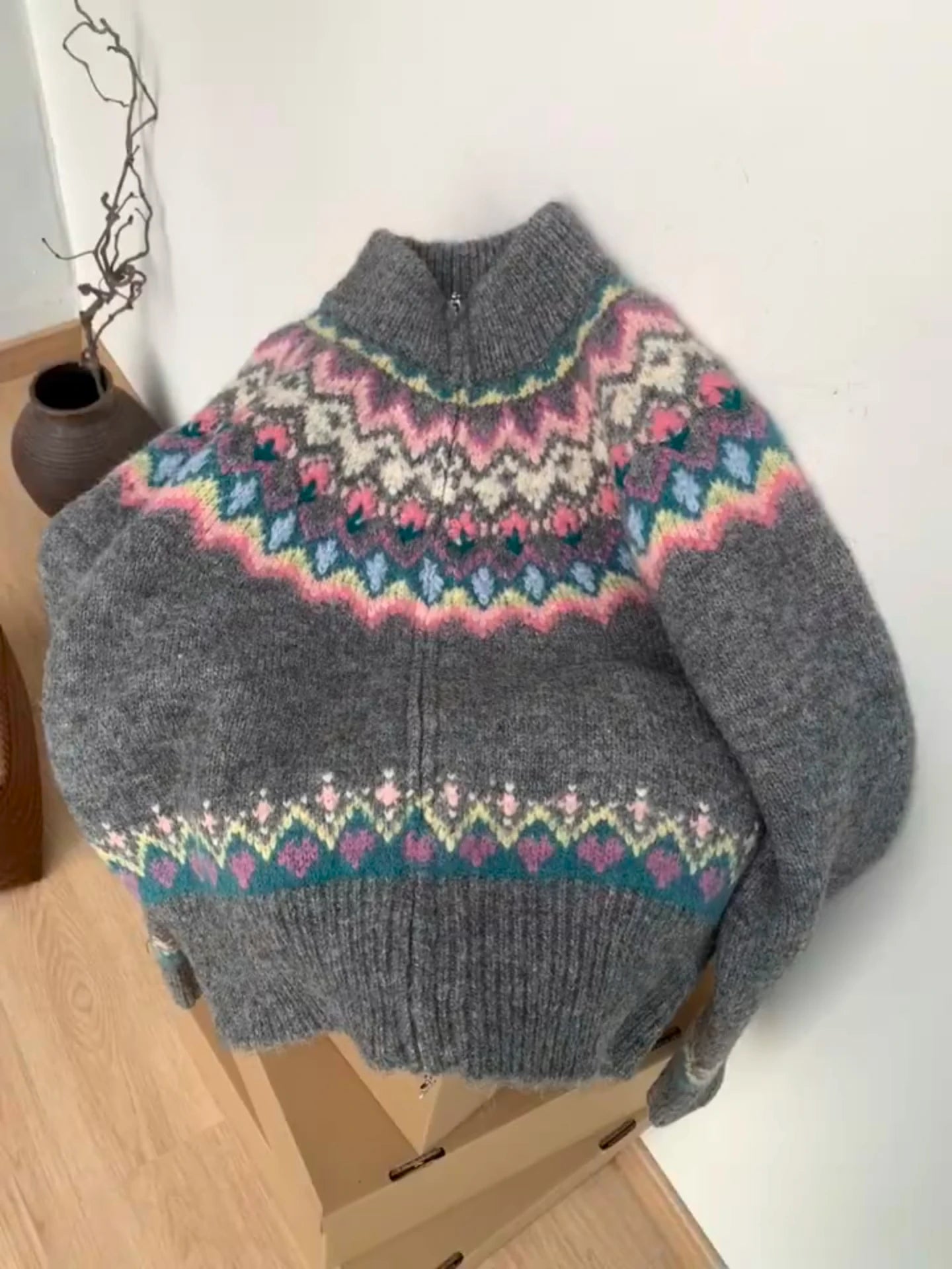 Lunivop Women Fair Isle Sweater Cardigan Cute Pink Cozy Chunky Knit Collared Zip-up Sweater Jacket Teen-girl Fall Winter 90s Outfit