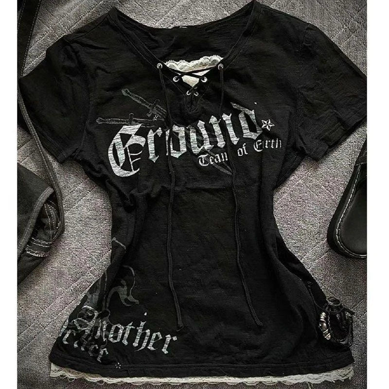 Lunivop  Women Grunge T-shirts Summer Bottoming Crop Tops Vintage Slim Harajuku Causal Black Tshirts Y2k Aesthetic Flower Printing