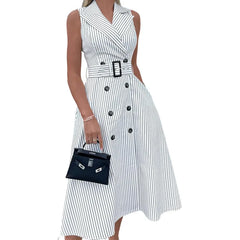 Lunivop  Autumn Women Vertical Stripe Printed Polo Turn-down Collar Dress with Belt High Waist Sleeveless Button Dresses