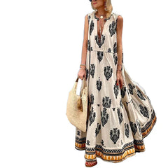 Lunivop  Women Bohemian Dress Deep V Neck A-Line Sleeveless Print Retro Maxi Dresses High Waist Loose Floor-Length Long Dress