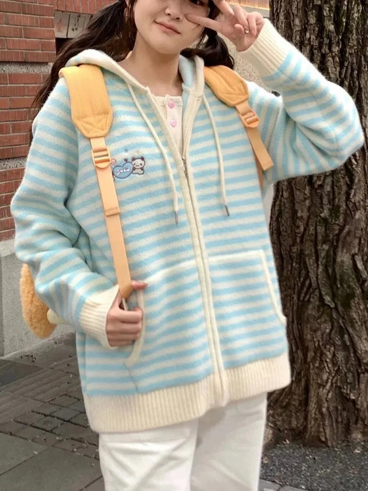 Lunivop Pink Striped Sweet Cardigan Women Cute Cartoon Long Sleeve Knitted Sweaters Vintage Kawaii Preppy Style Japan Pockets Tops Coats