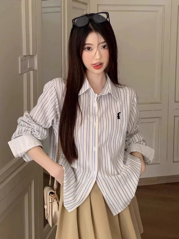 Lunivop Vintage Cute Striped Shirt Women Casual Long Sleeve Sweet Blouse Japan Spring Retro Kawaii Embroidery Female Design Tops