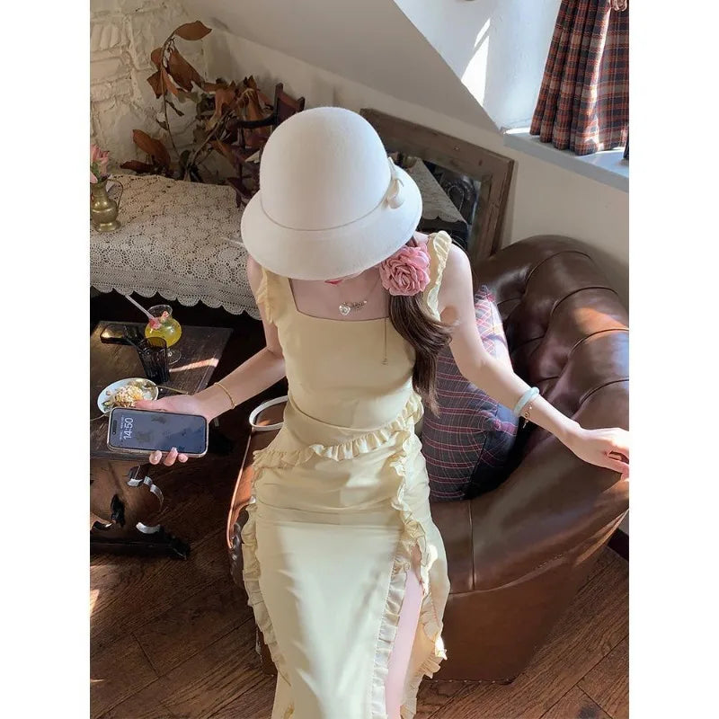 Lunivop  Elegant Dresses Women Sleeveless Ruffles Patchwork Split Bandage Summer Fashion Sweet Female Dress Holiday Casual