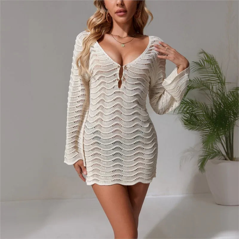 Lunivop  Long Sleeve Hollow Out V Neck Crochet Knitted Tunic Beach Cover Up Cover-ups Beach Dress Beach Wear Beachwear Female Women