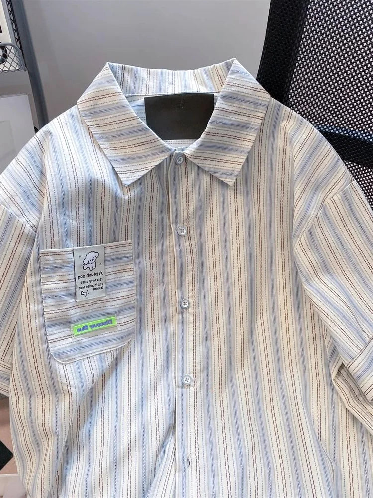 Lunivop Cute Women Striped Shirts Japan Vintage Loose Dog Print Kawaii Blouse Casual Preppy Style Short Sleeve Summer Sweet Tops