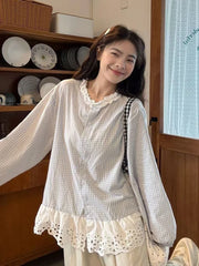 Lunivop  Women Sweet Plaid Shirt Korean Fashion Lace Patchwork Loose Blouse Elegant Casual Preppy Style O Neck Female Chic Tops New