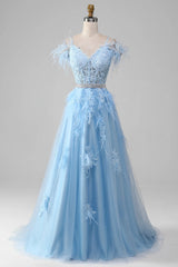 Lunivop  High Quality Customized V-neck Backless Feathers Floor Length Blue Appliques Lace Belt Thin Suspenders Sleeveless Party Dresses