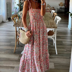 Lunivop  Women Summer Dress Fashion Print Floral Sleeveless Spaghetti Straps Ruched Beachwear A-line Slash Neck Long Sundress