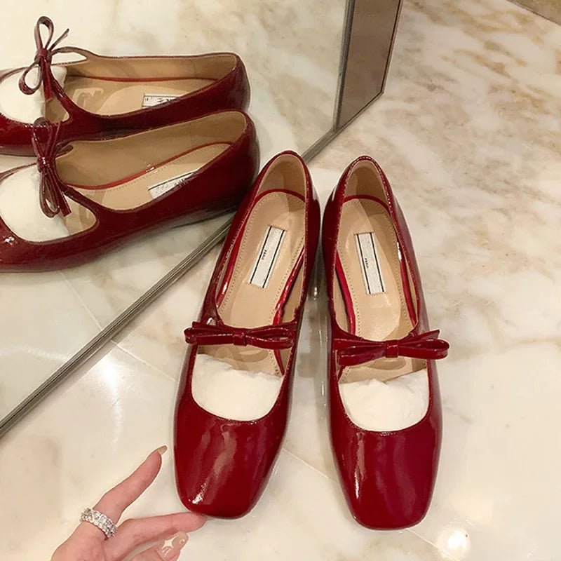 Lunivop New Square Toe Glossy Leather Flats Women Bowknot Mary Jane Shoes Female Red Dance Ballets Party Ball Bridal Wedding Shoes