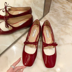 Lunivop New Bowknot Mary Jane Shoes Women Square Toe Glossy Leather Flats Female Red Dance Ballets Party Ball Bridal Wedding Shoes