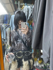 Lunivop  Street Punk Gothic Dark Academia Clothes Slash Neck Mesh Long Sleeve Tops Mujer 2025 Summer New Print T-shirt for Women