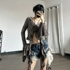 Lunivop Butterfly Sleeve Tassel Long Sleeve Ruffles High Waist Crop Top Tshirt Hollow Out Summer Fashioon Y2K Casual Clothes
