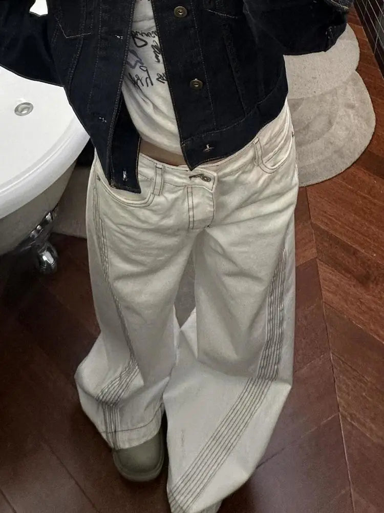Lunivop White Striped Wide Leg Women Jeans Vintage High Waist 2000s American Style Straight Denim Pants Baggy Streetwear Casual