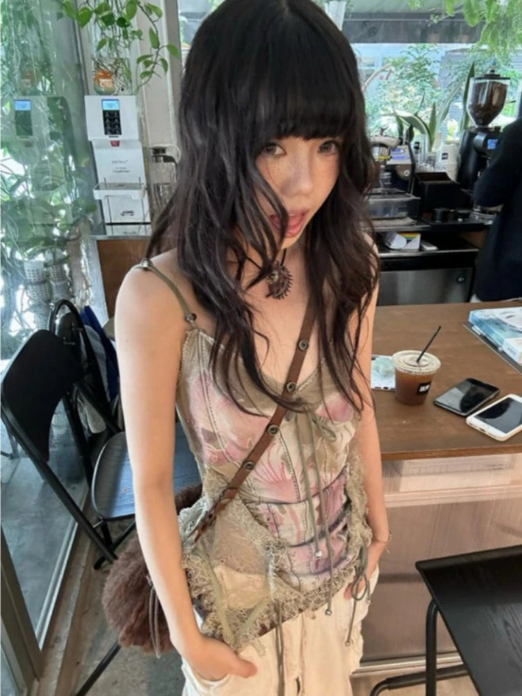 Lunivop  Gothic Tank Tops Women Sleeveless Tie Dye Y2k Vintage Crop Tops Streetwear 2000s Japanese Lace Up Camis E-girls Summer