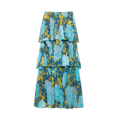 Lunivop  Women Floral Print Elastic Slash Collar 3 Layers Ruffles Strapless Dress Holiday Midi Long Tube Top Dresses Beach Robe