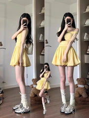 Lunivop  Charming Yellow ort Puffy Skirt Dr Women's Svel V-Ne Casual Sle Waist-Cinched A-Line Skirt for Daily Wear