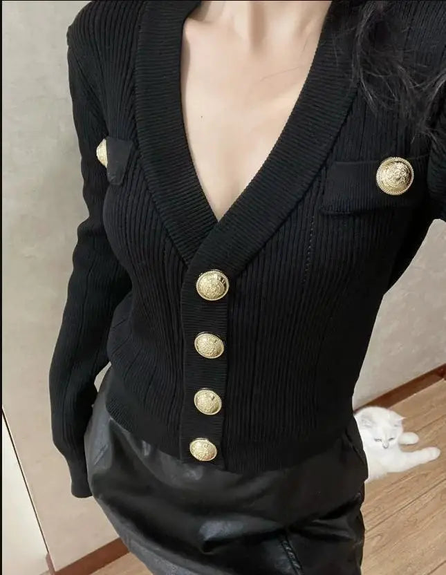 Lunivop Gold Button Front Knit Cardigan Women Long Sleeve Crop Sweater Jacket Fitted Top Teen-girl Fall Winter Vintage 90s Outfit