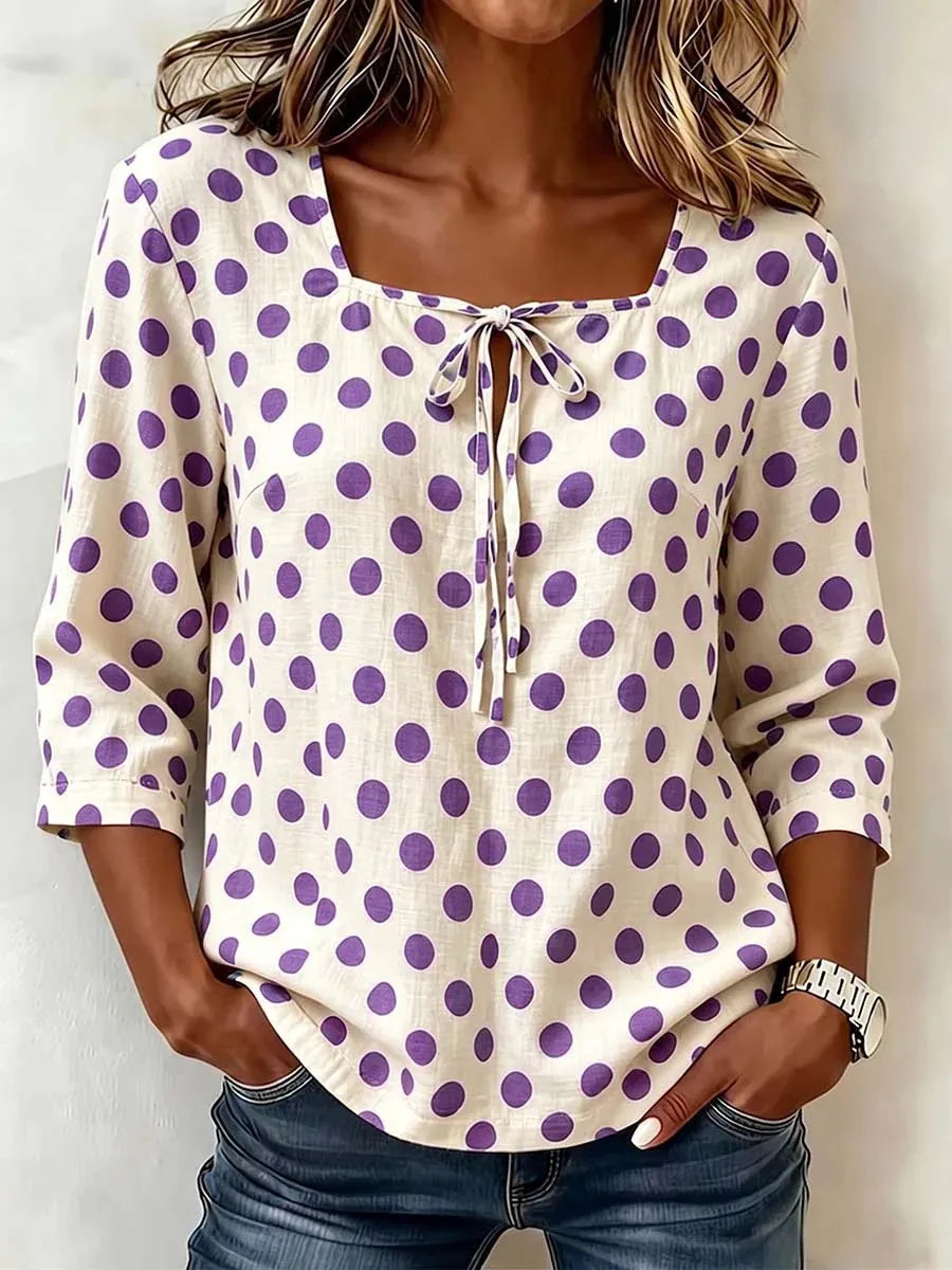 Lunivop  Women's Summer Blouse Square Neck Polka Dot Blouses Blue Polka Dot Chiffon Blouse Casual Tie Front Top Womens For Woman Women