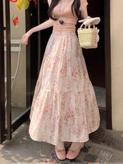 Lunivop  Cute Floral Long Skirts Women Elegant High Waist Retro Sweet Skirt Japan Casual Loose All Match Spring Summer Kawaii Skirt