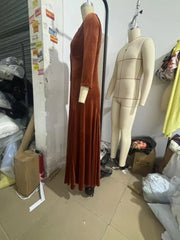 Lunivop  Velvet Maxi Dress Women Vintage Fashion Notched Collar 3/4 Sleeve Single Breasted Empire Waist Fit Flare Party Long Robe Vestido