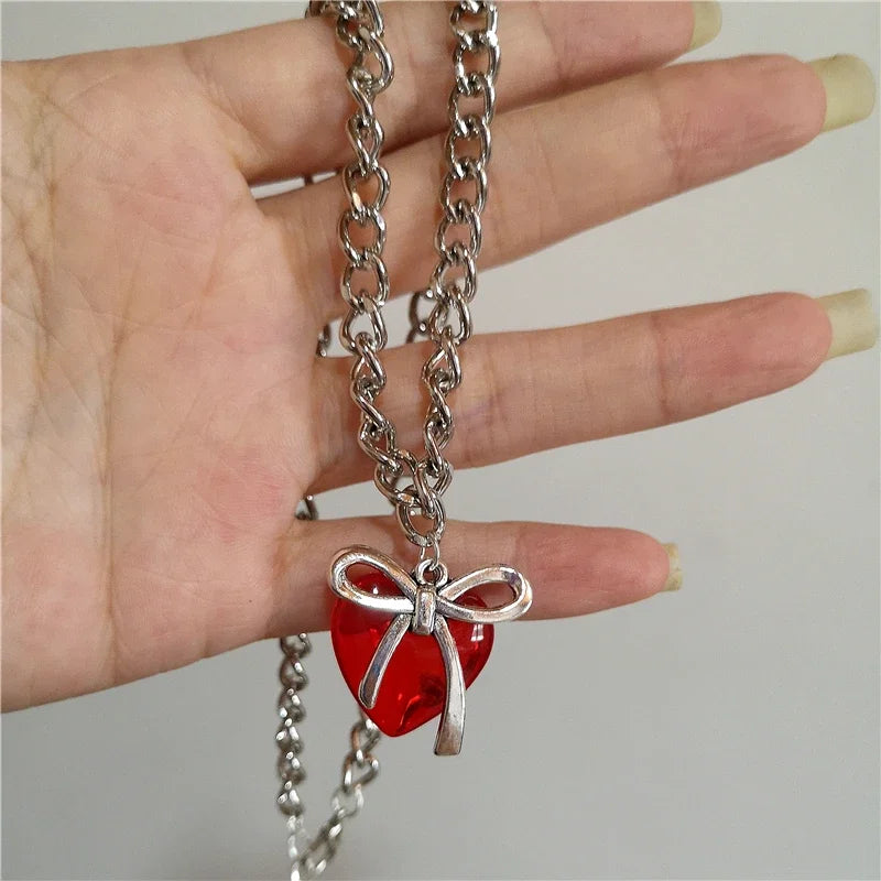 Lunivop Goth Cute Red Heart Glass Bowknot Pendant Choker Necklace Neck Decoration Egirl Y2K 2000s Aesthetic Scene EMO Grunge Accessories