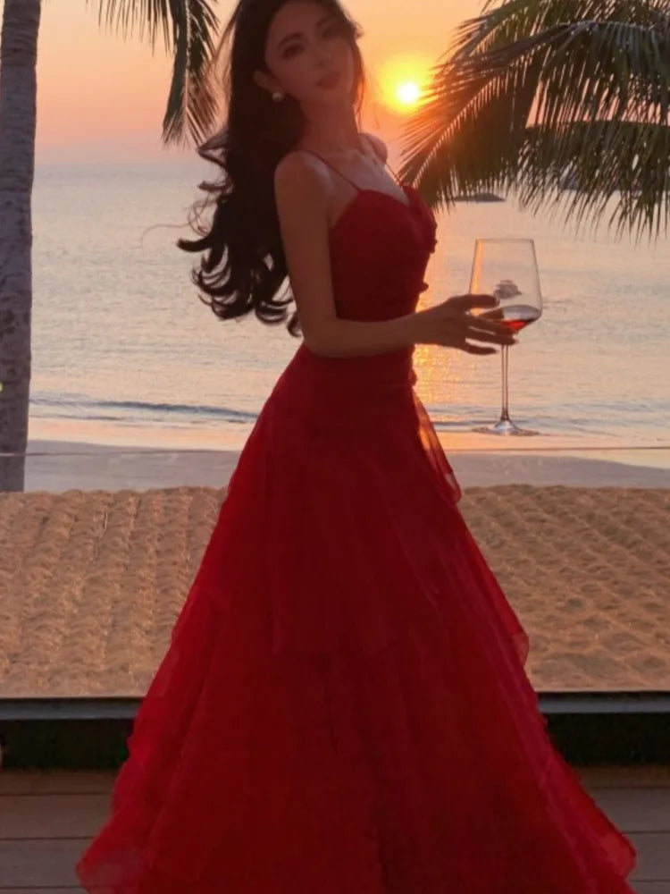 Lunivop Elegant Spaghetti Strap Sleeveless Ruffles Dresses Waist Cinched Gown Coastal Outfit Women's French Lace Halter Neck Long Dress