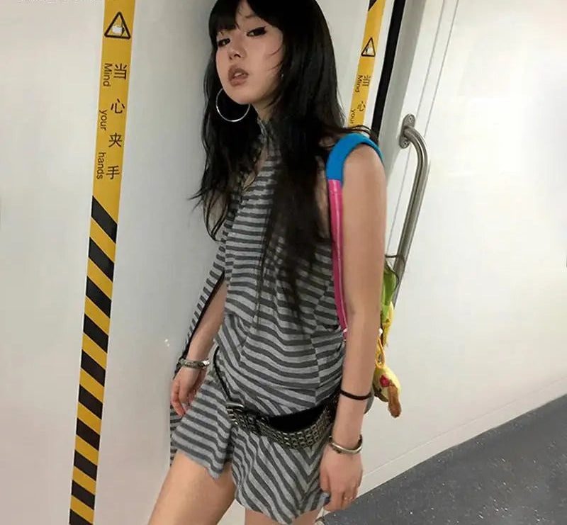 Lunivop  Y2k Aesthetics Halter Dress Japanese 2000s Style Grey Striped Short Dress Vintage Harajuku Backless Mini Dress Grunge