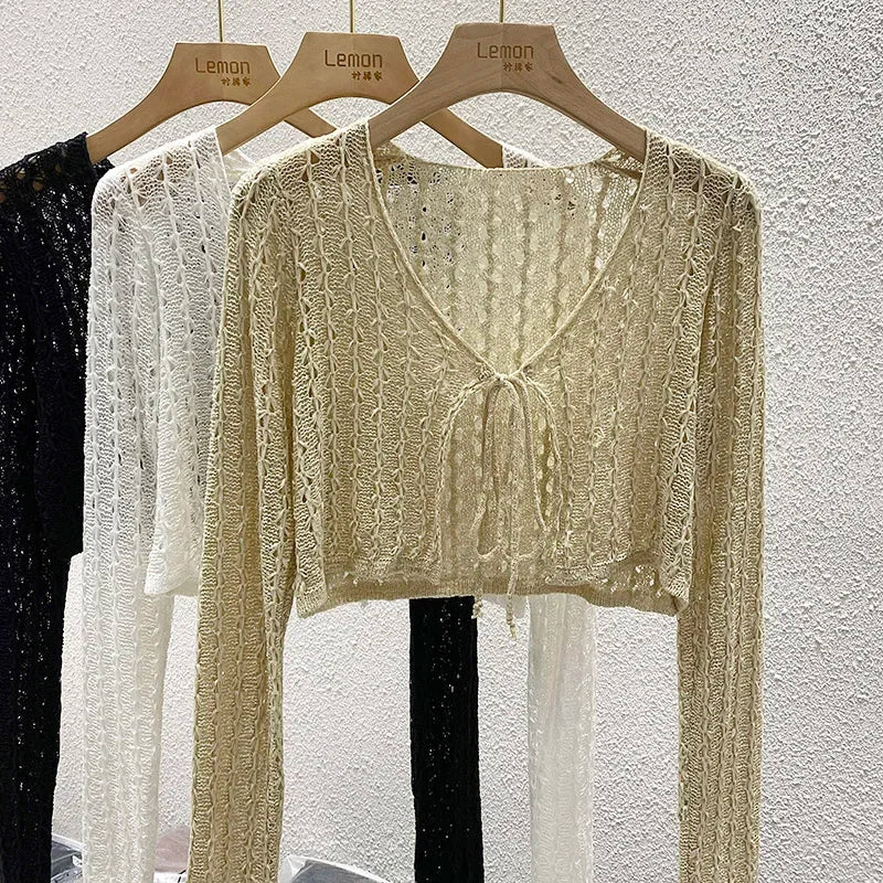 Lunivop Women Tie Front Crop Cardigan Sheer Openwork Crochet Knit Top Lightweight Bolero Sweater Summer Fairycore Boho Chic Beach Outfit