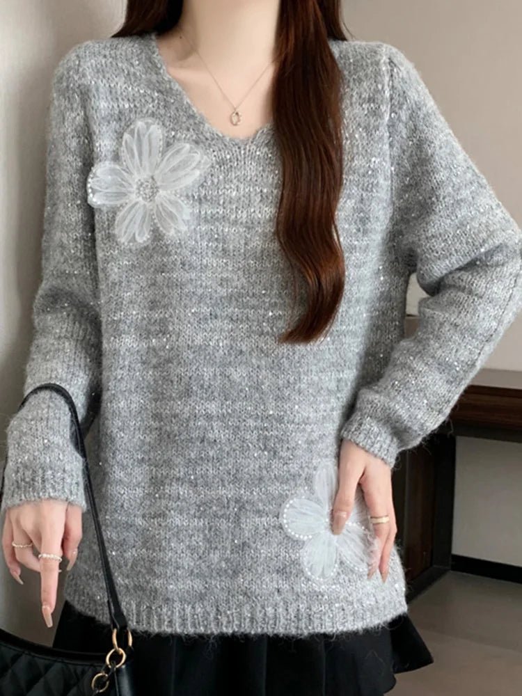 Lunivop 3D Floral Sweet Sweaters Women Loose Fashion V Neck Elegant Knitted Jumper Casual Chic Korean Female Fall Winter Long Sleeve Top