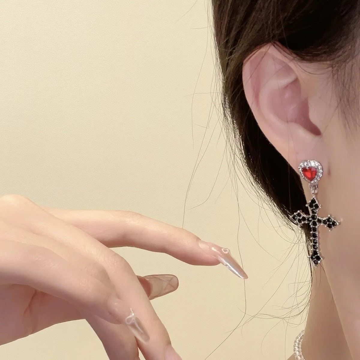 Lunivop Double Layered Leather Red Crystal Heart Pendant Necklace for Women Exquisite Cross Earrings Collarbone Chain Gothic Jewelry Set