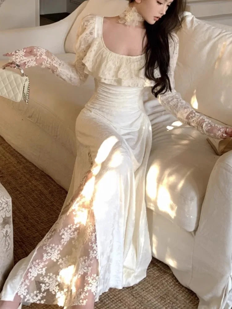 Lunivop  Elegant Lace Sleeve Long Dress for Women Chic Square Neck Retro Spliced Strappy Pleated Ruffle Party Prom One Piece Mujer Autumn