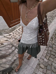 Lunivop  Lace Jacquard Cami Top Thin Spaghetti Straps V Neck Irregular Fringe Hem Slim Fit Summer Chic Vacation Lady Elegant Top